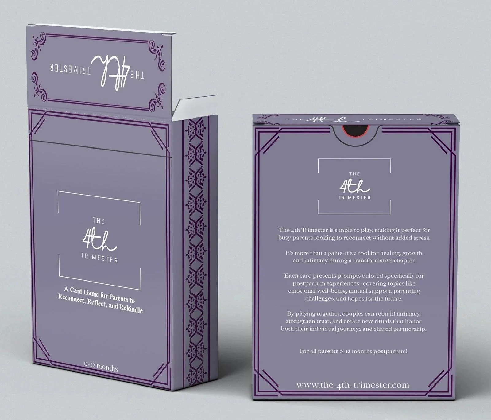 Two purple boxes with white and purple text and designs, titled "The 4th Trimestre," a card game for parents of infants, aimed at helping them reconnect and reflect.