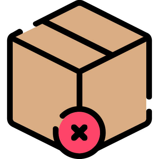 A brown cardboard box with a pink circle and black X mark on the front.