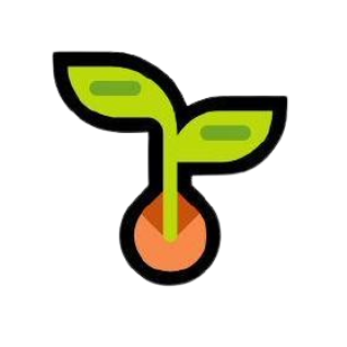 A simple illustration of a green sprout emerging from an orange and brown seed.