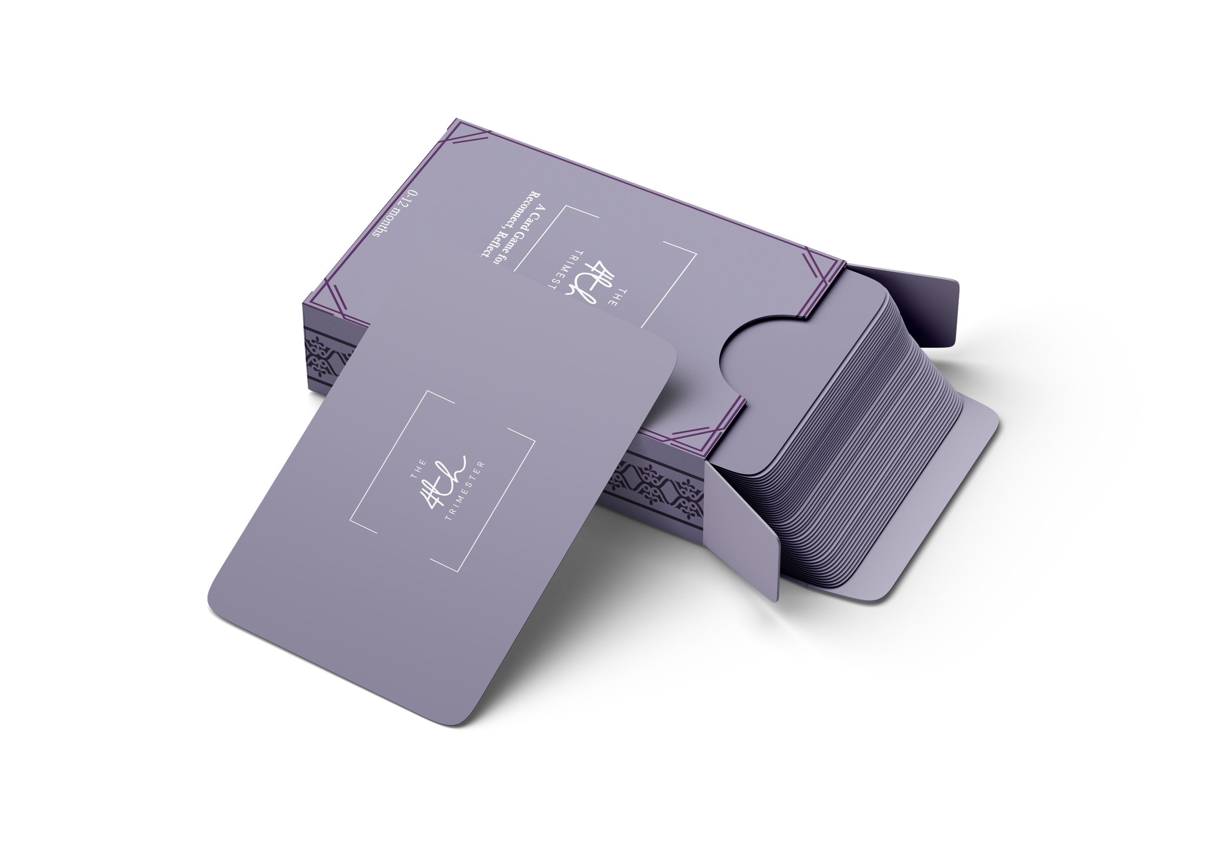 A stack of playing cards with decorative purple and white boxes and a single card displaying the text 'The Trimeter' and stylized designs on a black background.