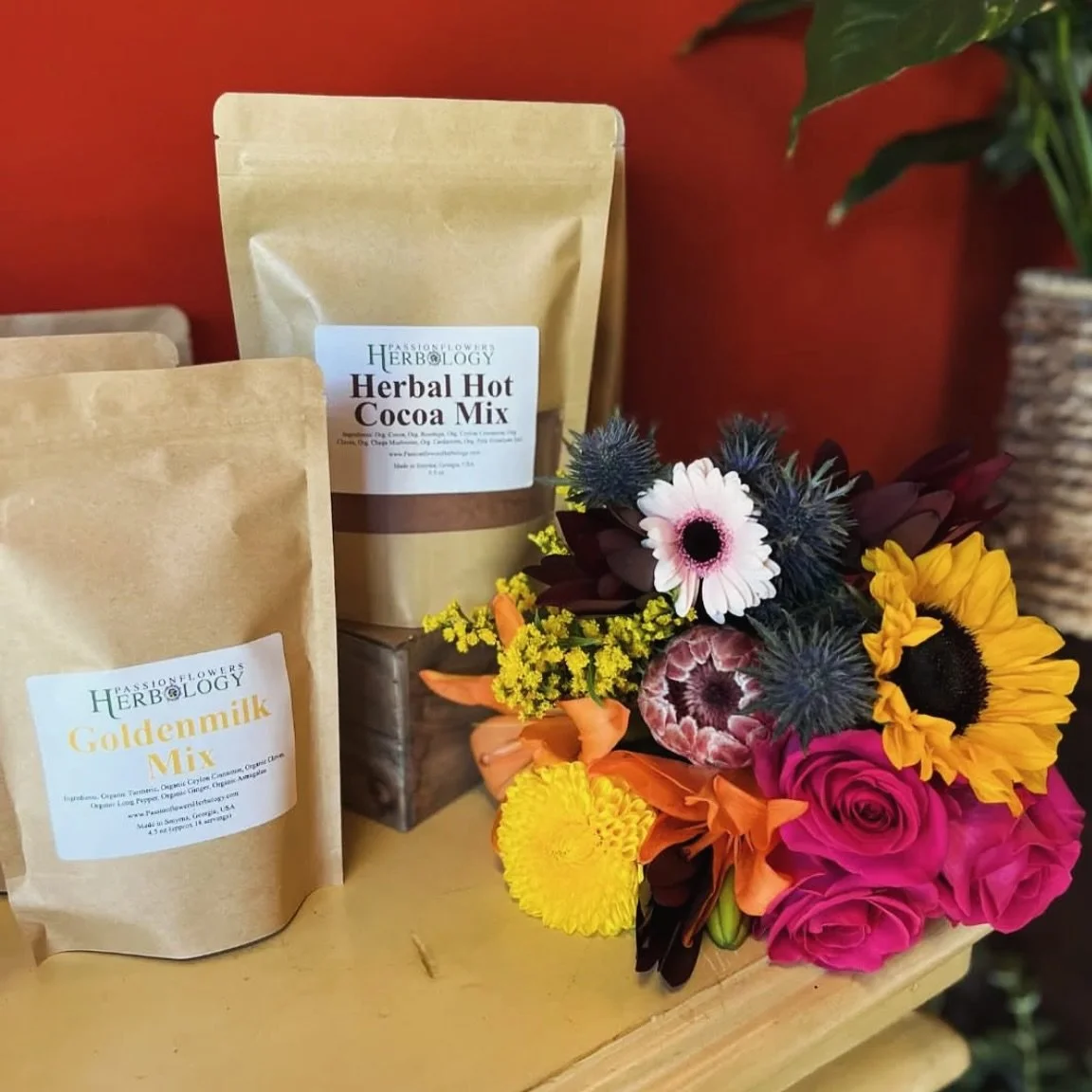 A month into the #newyear is a great time to kick off your self care! What better way to get through the #winterblues than a beautiful #wrappedbouquet and one of our warm herbal drink mixes.. choose from our #delicious #Herbal #hotchocolate or #golde