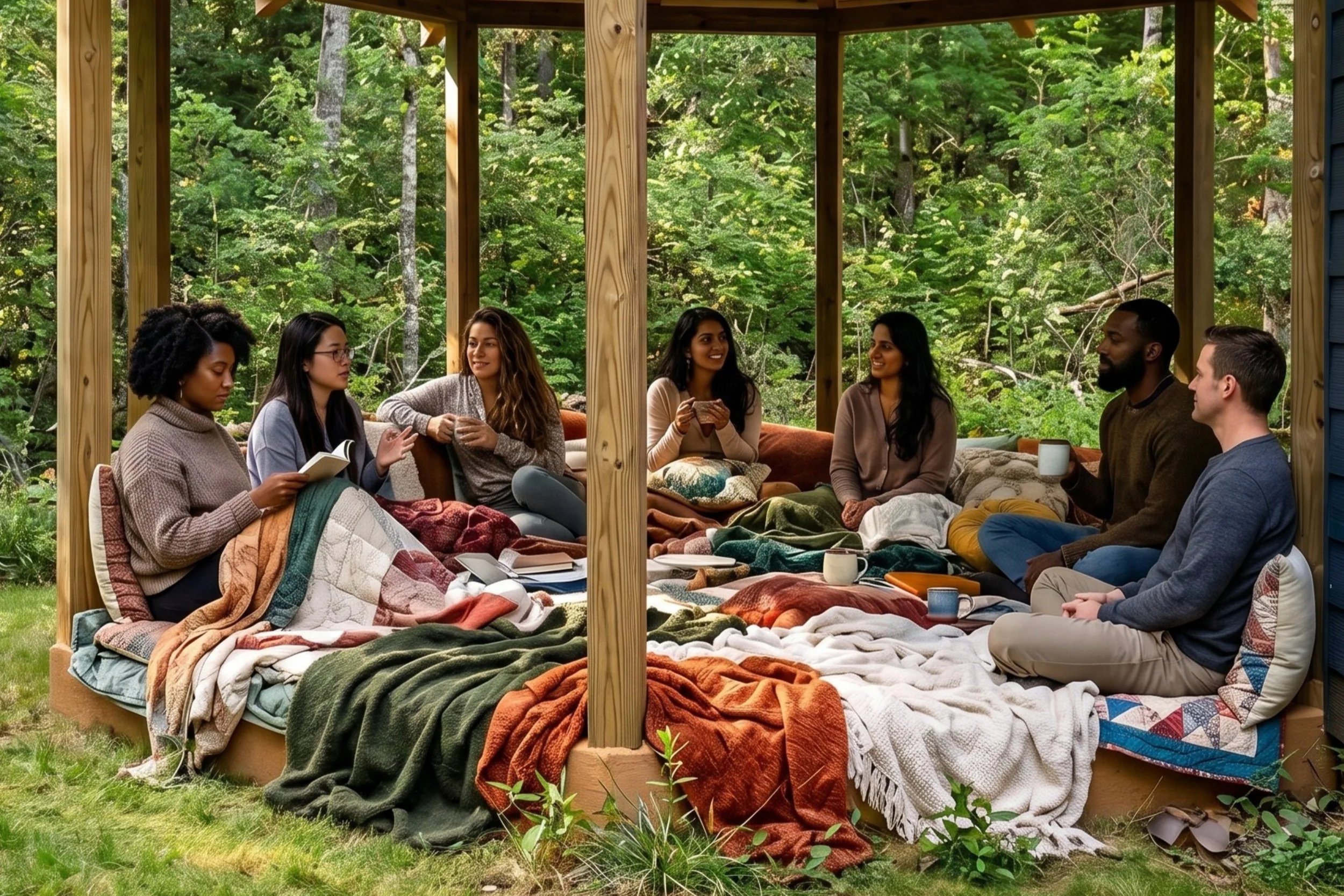 A group of nine diverse people sitting on blankets and cushions in a wooden outdoor shelter, having a discussion with a lush green forest in the background.