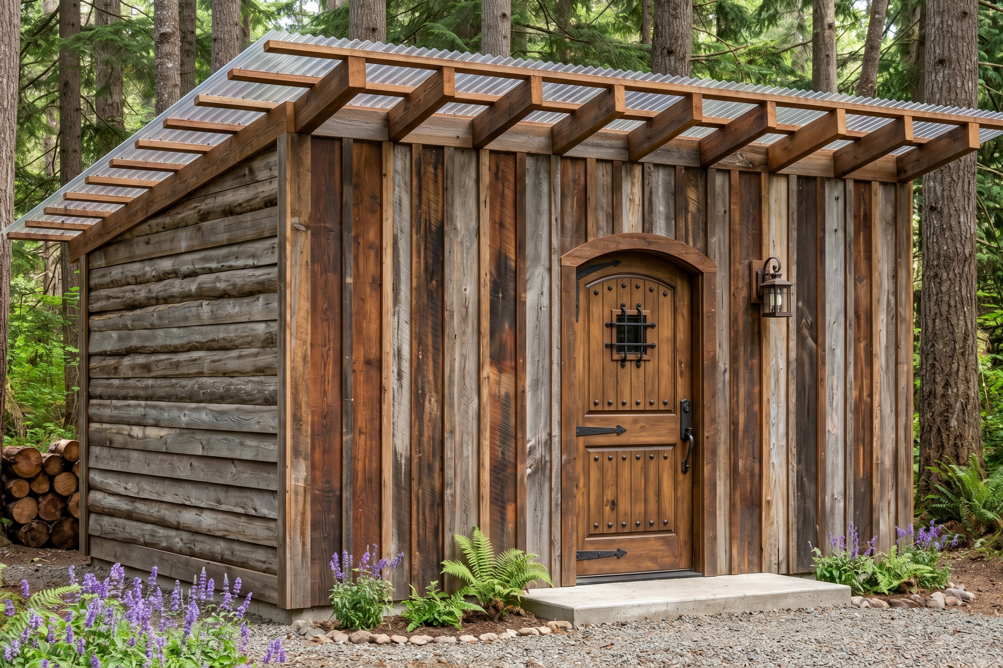 Small wooden shed with a rustic door, black hardware, and a lantern on the side, located in a wooded area with tall trees and purple flowers in the foreground.