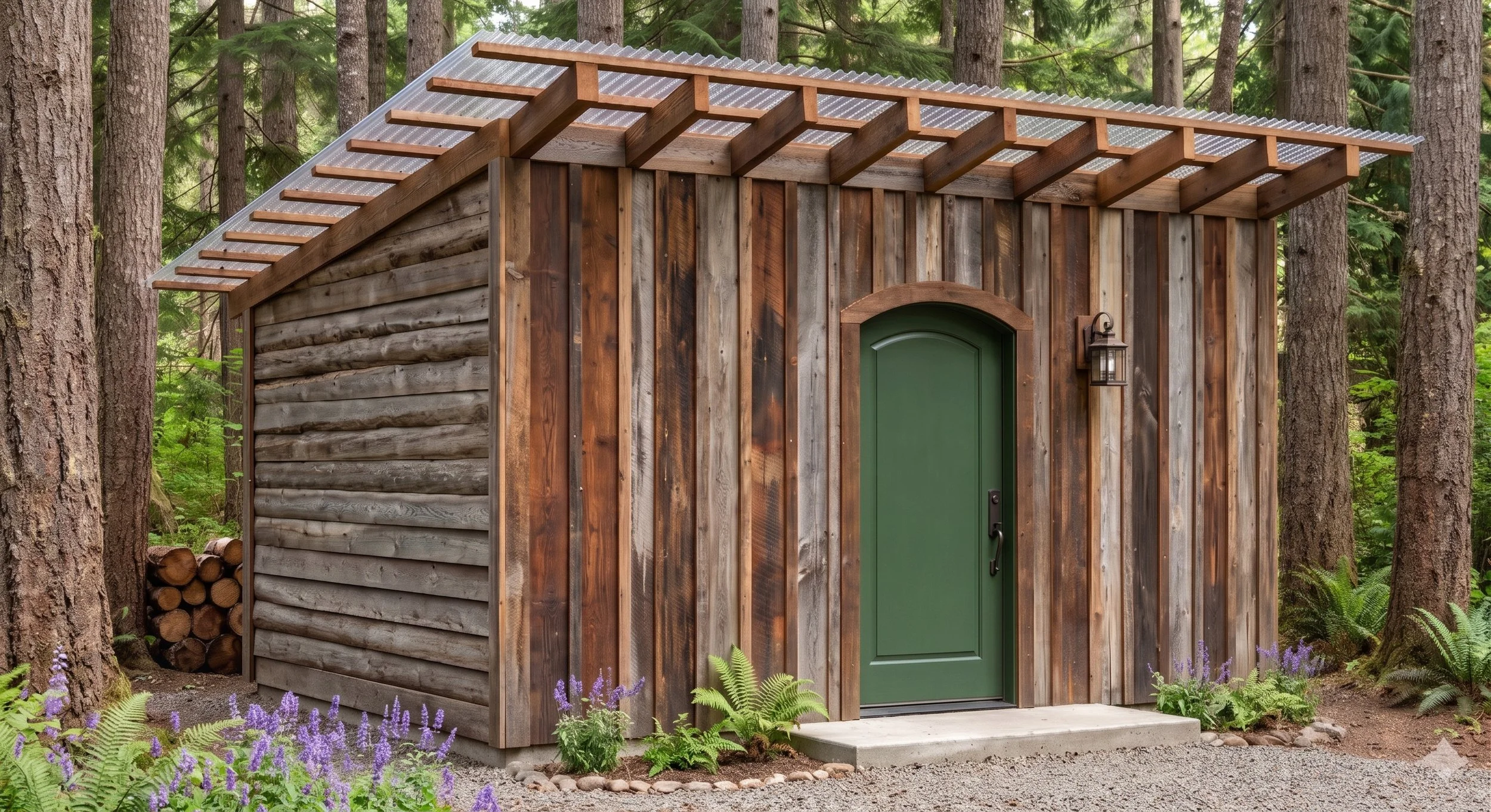 A small wooden shed with vertical weathered wooden planks, a green door with an arched top, a lantern-style light fixture on the wall, surrounded by trees and greenery in a forest setting.