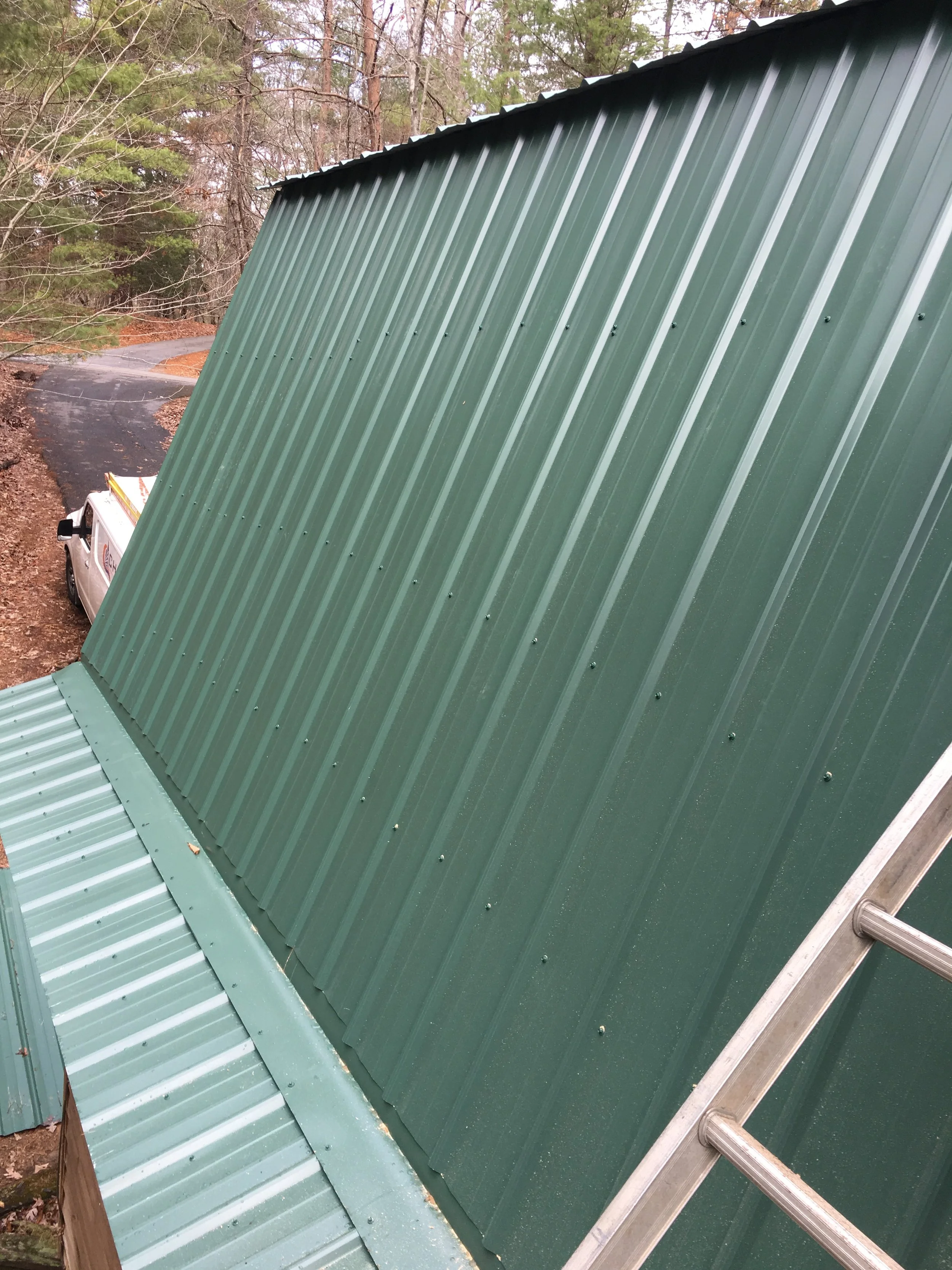 Close-up of a green metal roof with visible fasteners and a ladder leaning against it.