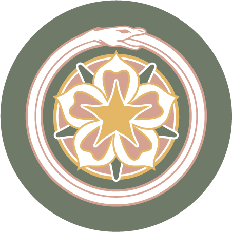 A stylized design featuring a white hand forming a semi-circle over a symmetrical floral pattern with a central star, surrounded by a green circular background.
