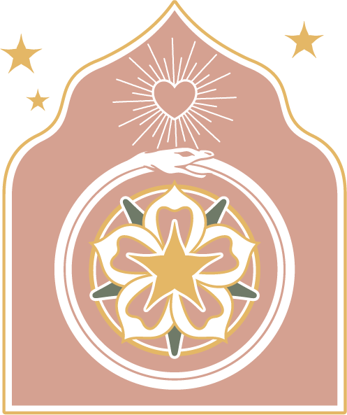 Decorative illustration with a heart and star motifs, featuring a symmetrical floral pattern in the center surrounded by a border with stars and a heart at the top.