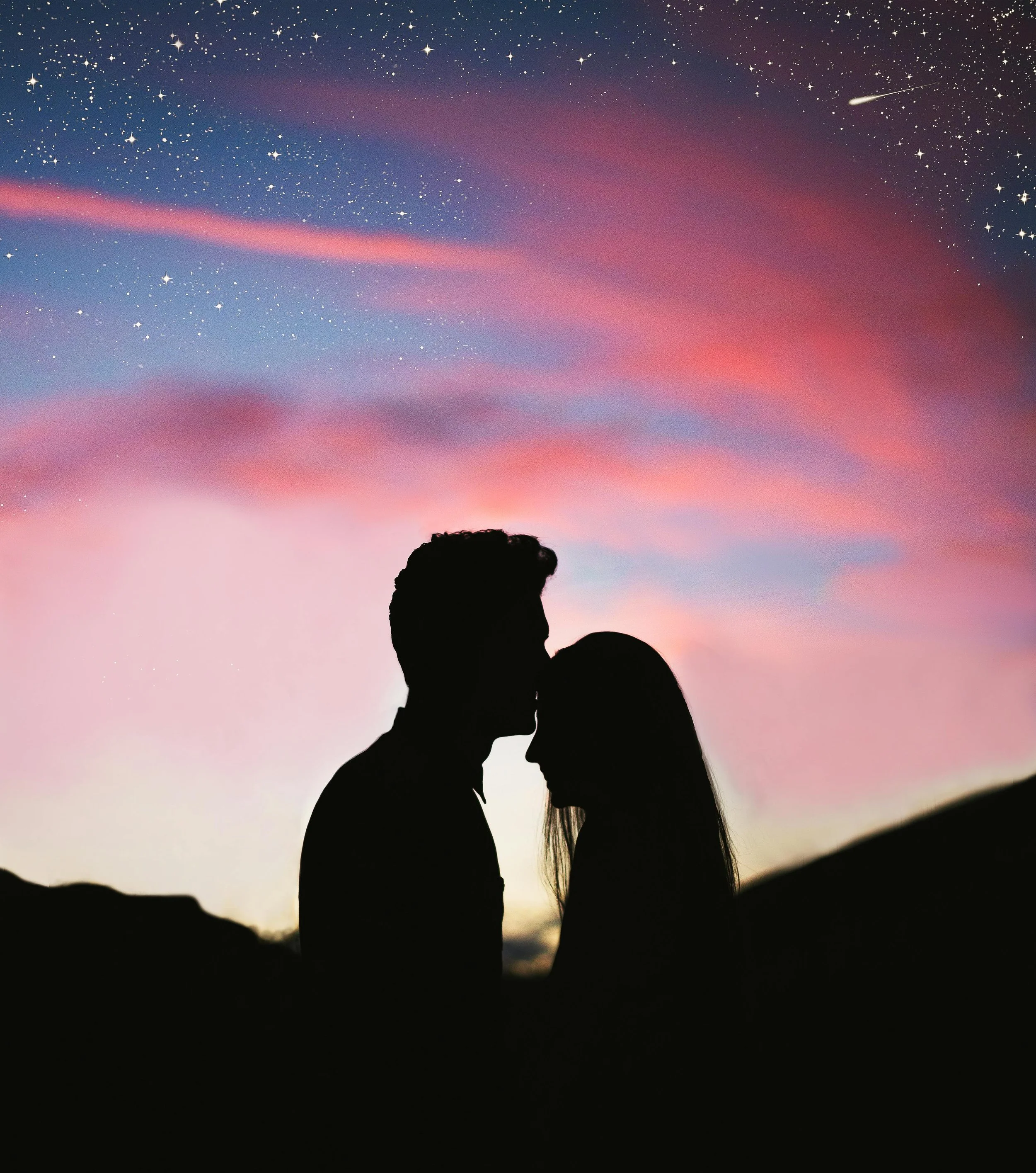 Silhouette of a couple kissing outdoors during sunset with a colorful sky and stars in the background.