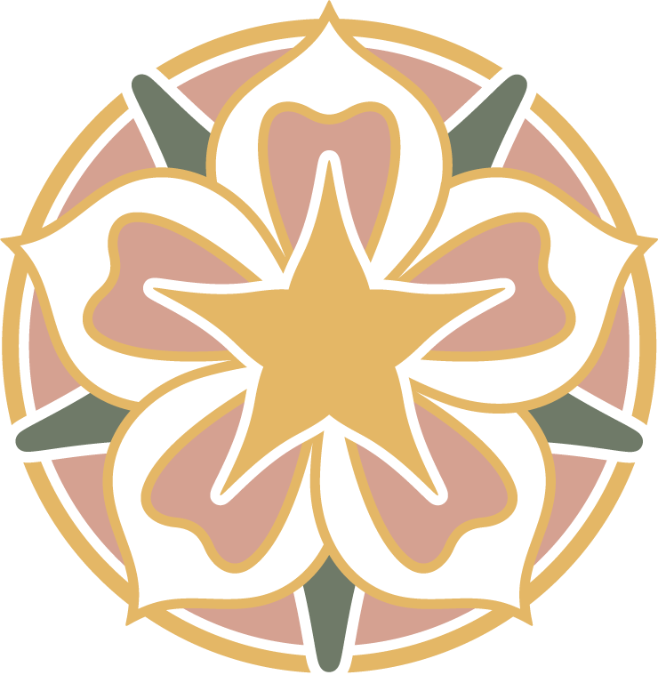A symmetrical floral pattern with a star at the center, surrounded by petals and leaves in pastel colors of beige, pink, white, and green.