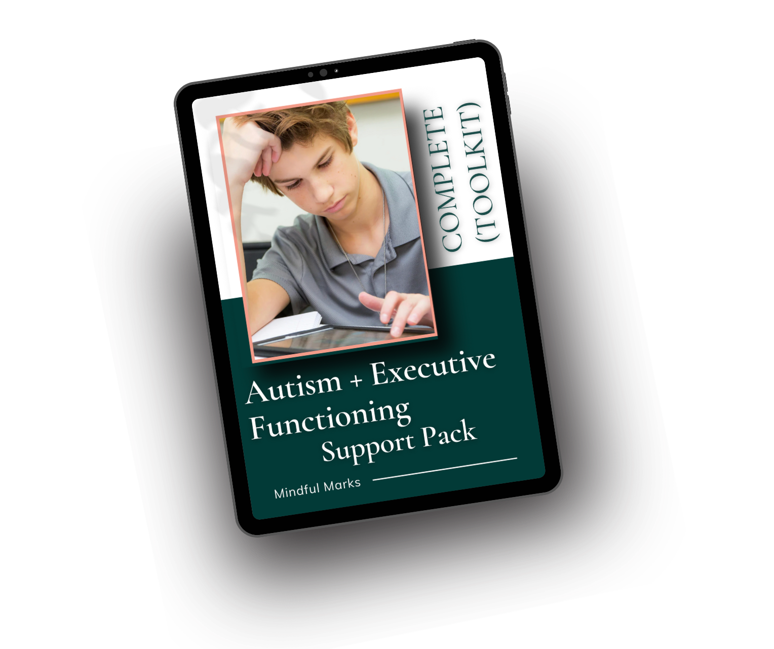 ebook cover titled 'Autism + Executive Functioning Support Pack' featuring a young boy with blonde hair wearing a gray polo shirt, looking at a tablet with a thoughtful expression.