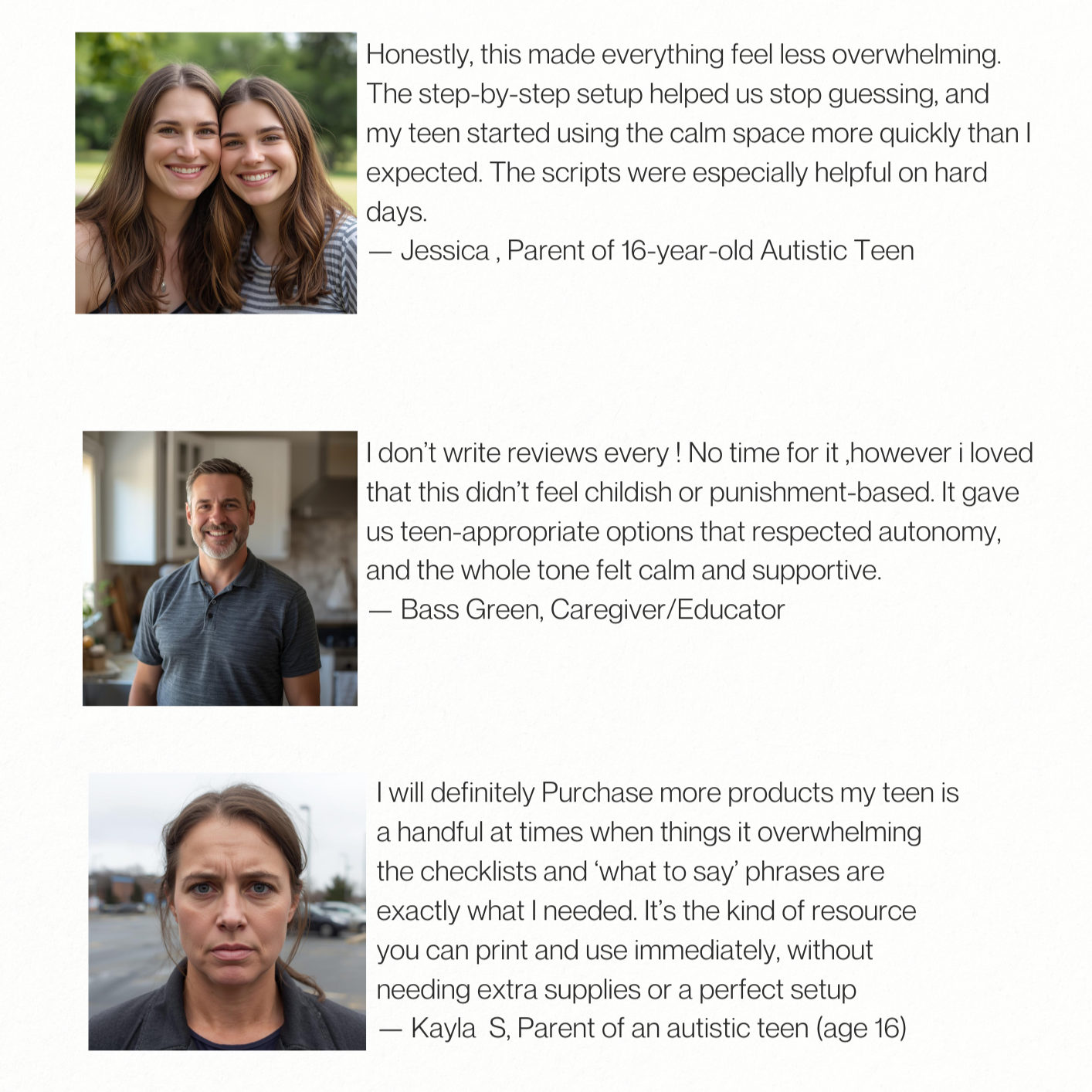 Photos of three individuals with positive comments. The first is a young woman with long brown hair smiling, the second is a middle-aged man with short gray hair and beard smiling, and the third is a young woman with brown hair and a serious expression, outdoors.