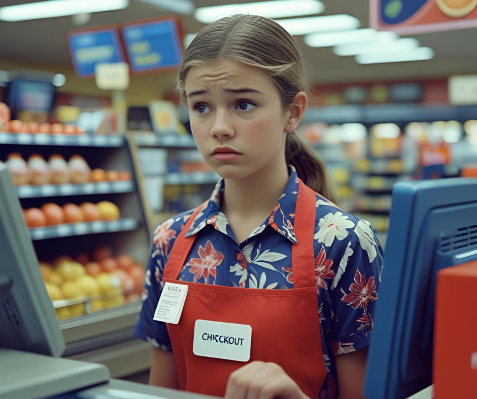 Photo of: Autsitc teen working at a grocery store checkout, looking overwhelmed while standing behind the register.