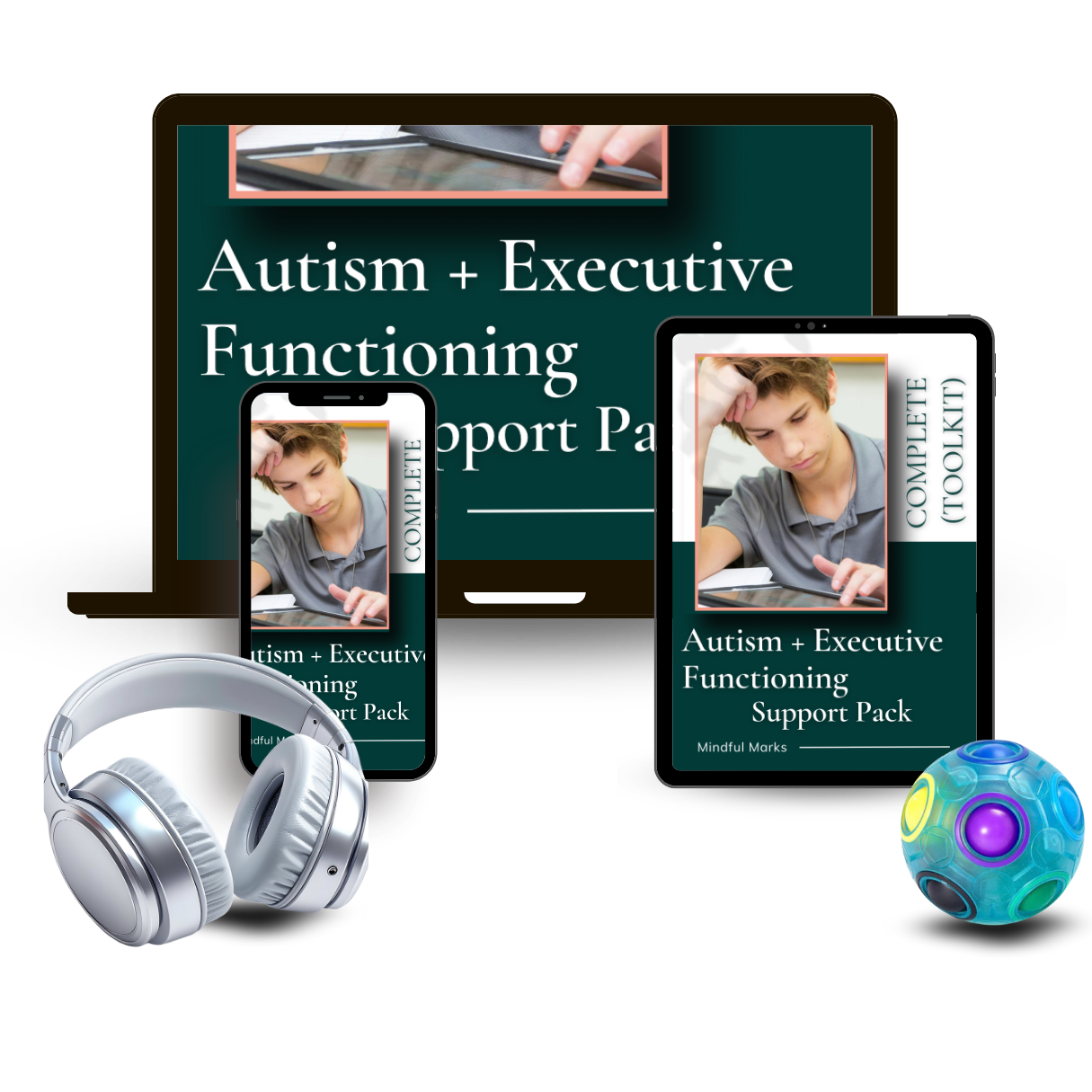 Digital devices displaying a support pack for autism and executive functioning, including smartphones with a boy reading, a tablet, white headphones, and a colorful stress ball.