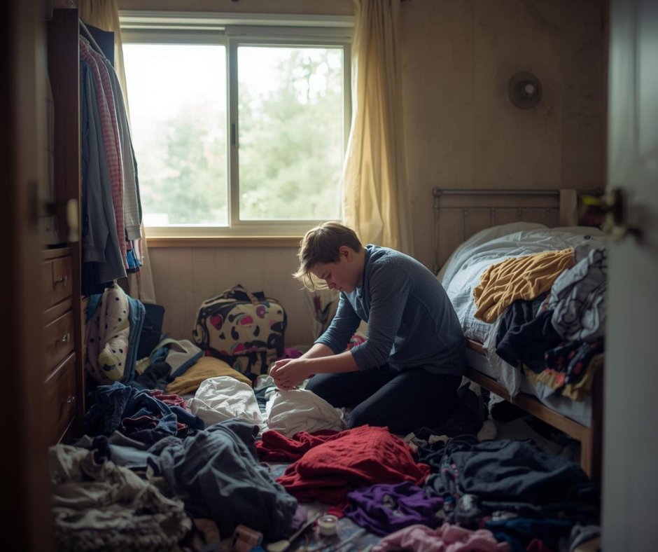 Photo of: autistic teen struggling with organization, time management, and task completions.