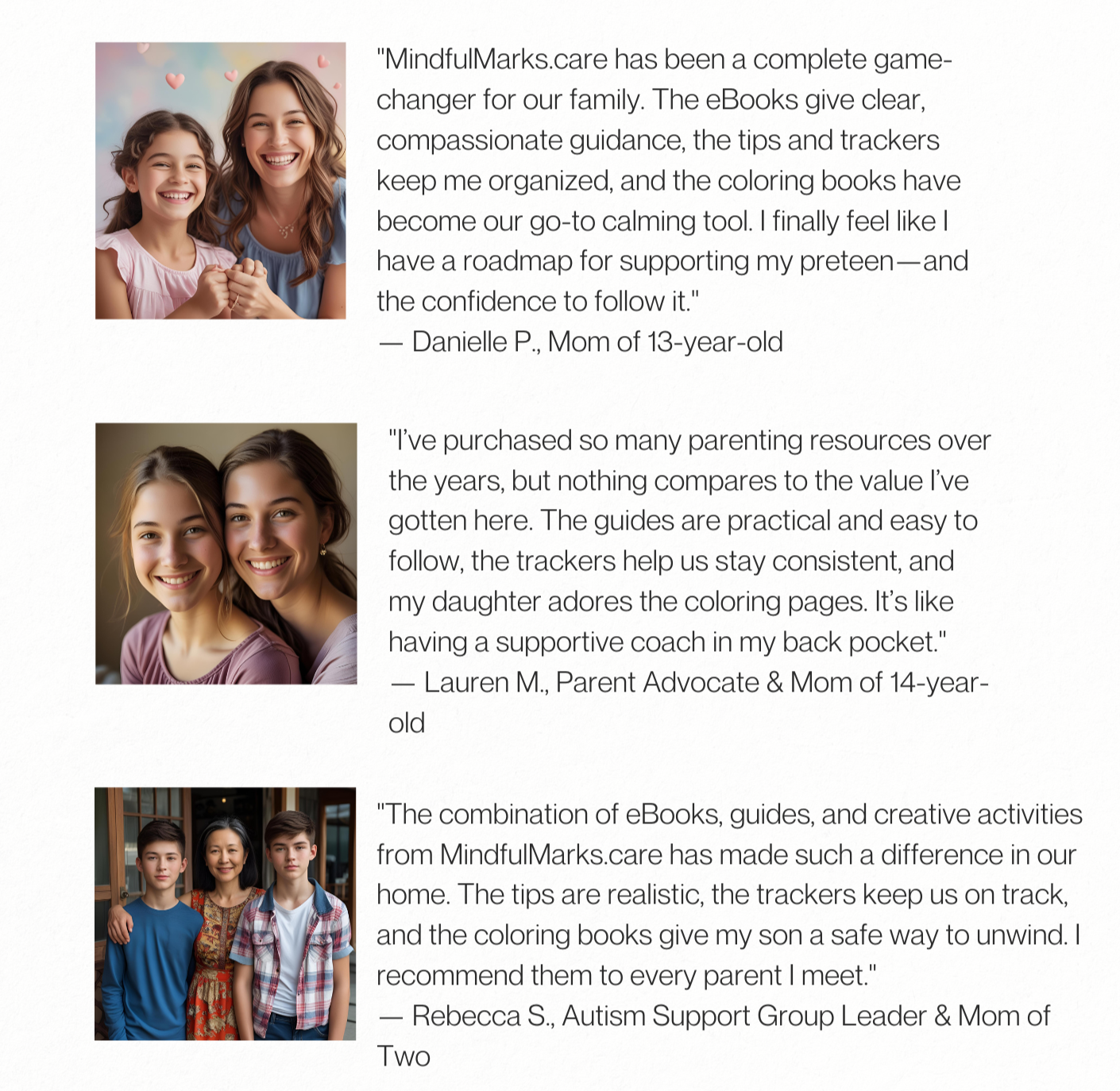 Photographs of three different families with testimonials about MindfulMarks.care, a resource for parenting support. The first photo shows a woman and a girl smiling, the second features two young women smiling, and the third depicts a woman with two boys outdoors.
