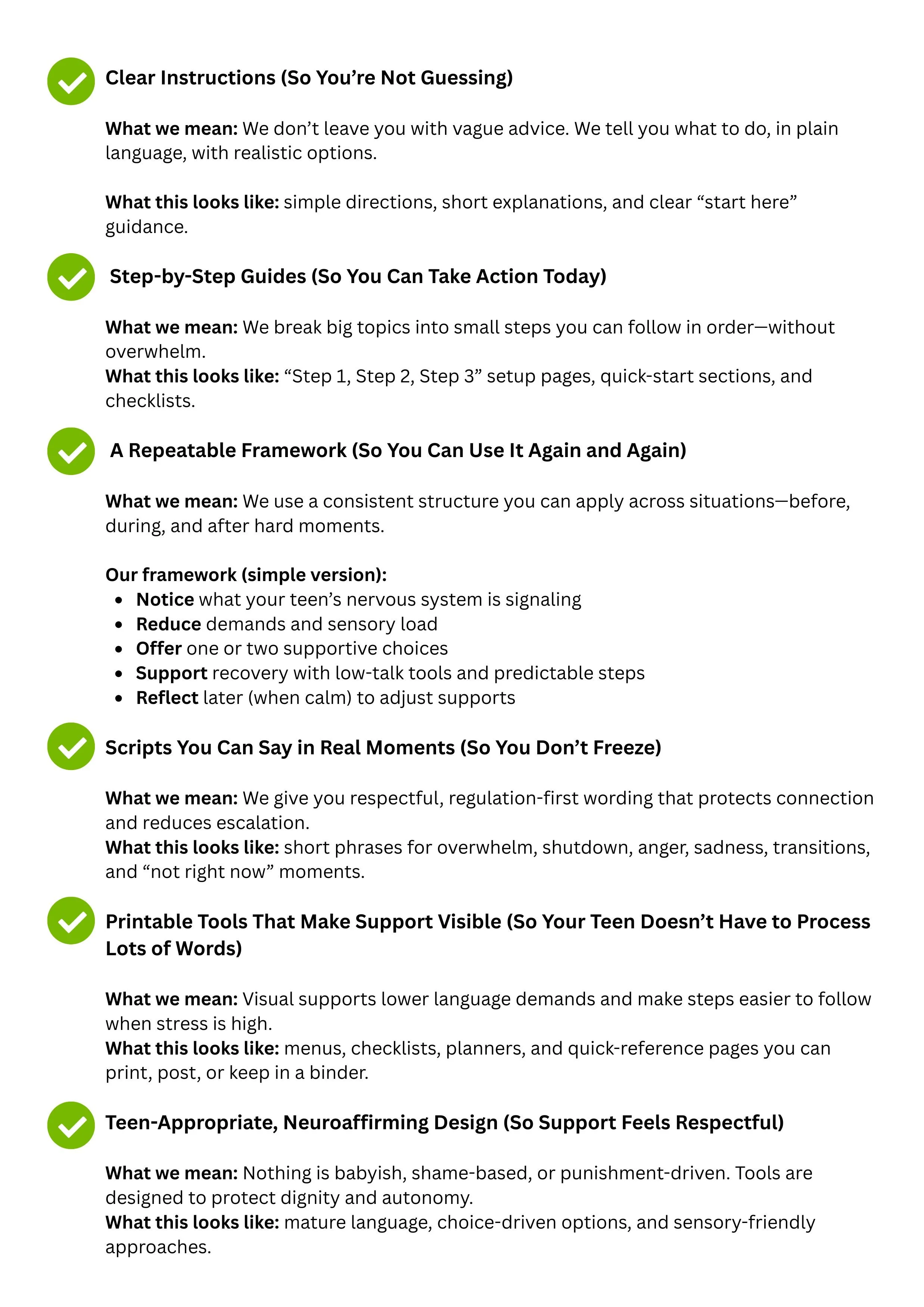 Guidelines for supporting teens with emotional regulation, including clear instructions, step-by-step guides, frameworks, scripts, printable tools, and respectful design, with checkmarks indicating key points.