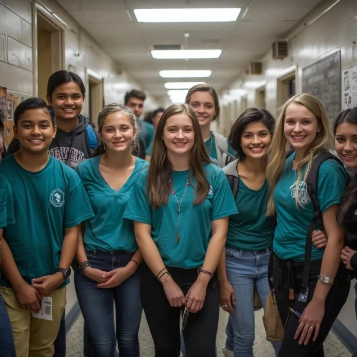 A group of ten diverse teenagers wearing teal shirts with a school logo, smiling and standing together in a school hallway.