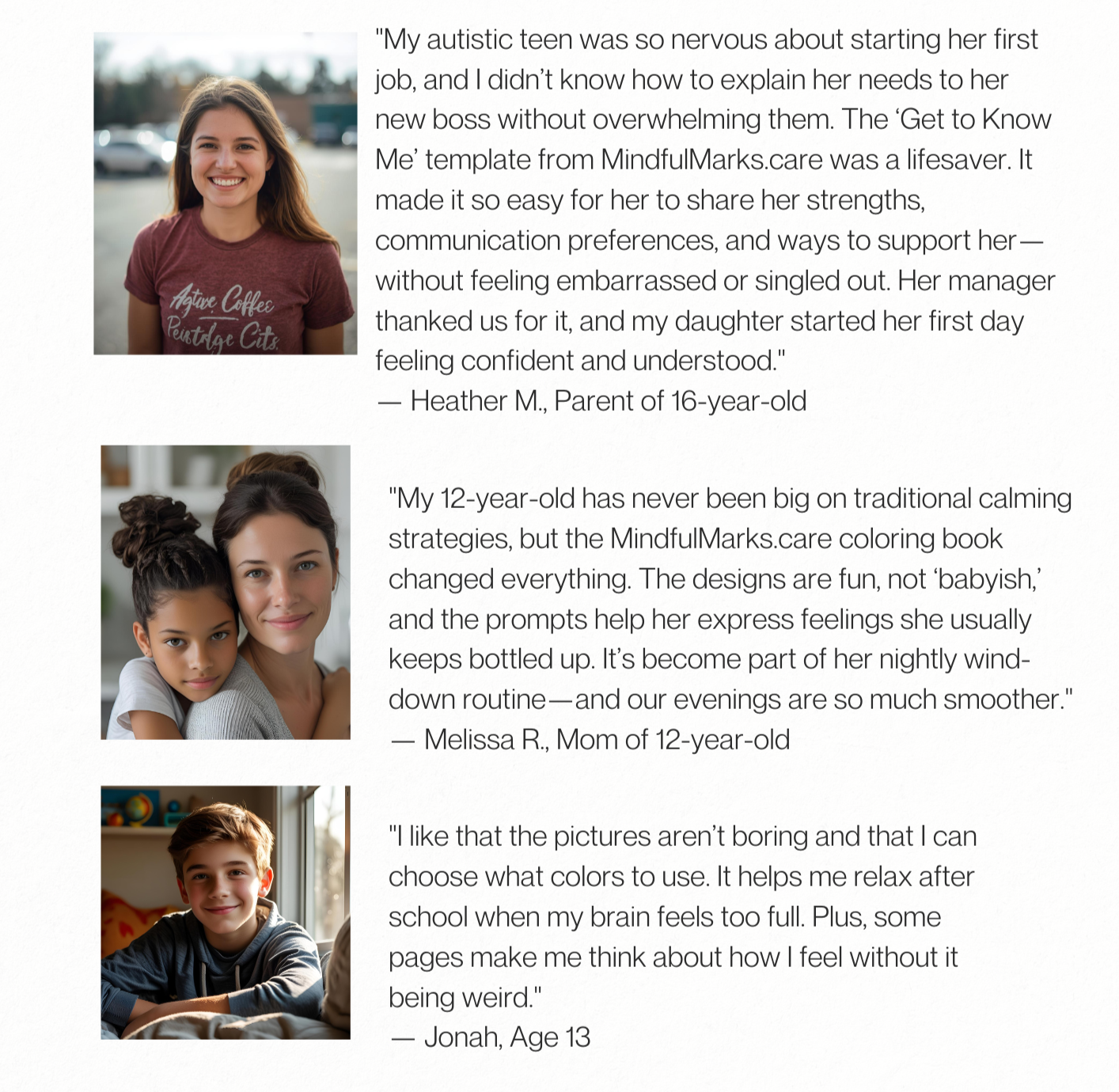 Collection of three testimonial quotes from parents and a child about using the MindfulMarks.care coloring book for emotional support. The quotes are accompanied by photographs of a teenage girl, a mother with a daughter, and a young boy, all smiling.