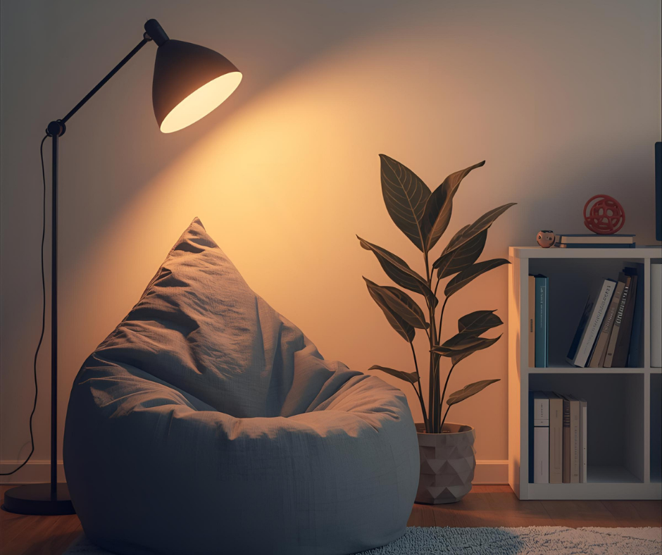 A softly lit calm corner featuring a gray bean bag chair under a floor lamp, a potted plant, and a small bookshelf, creating a cozy and sensory-friendly space.