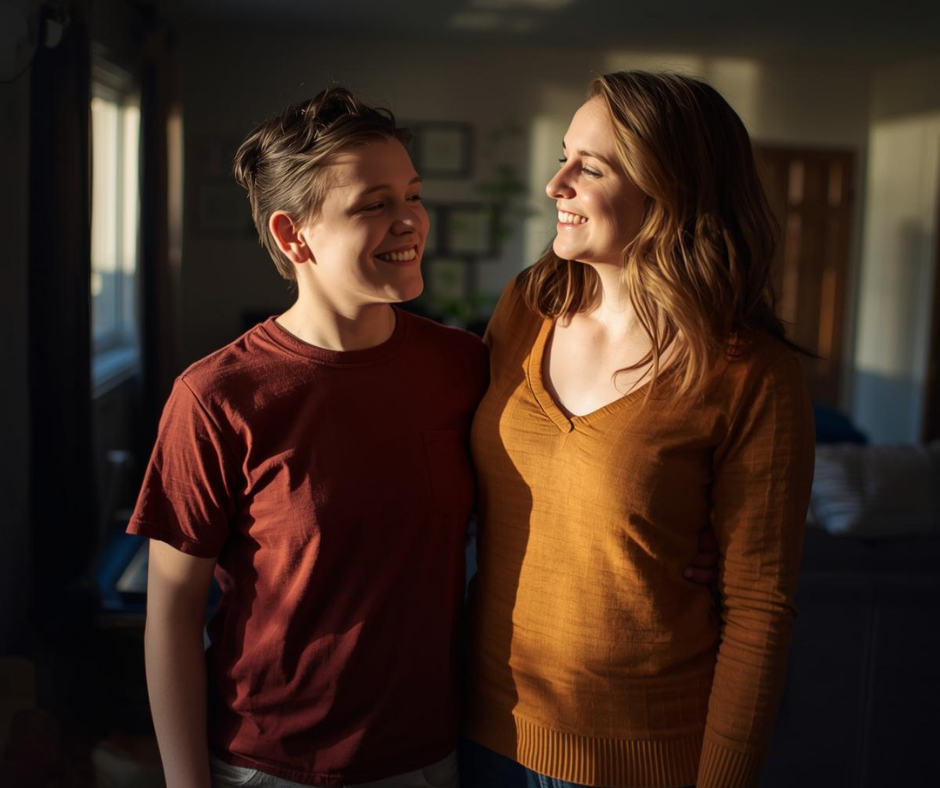 Photo of: autistic son smiling with his mother.