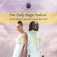 Cover of The Daily Magic Podcast with a woman and man standing back to back, wearing white and gold clothing, and a purple crystal above them, with a background of pastel geometric shapes.