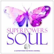 Pink and purple butterfly with the text 'Super Powers of the Soul' on a white background.