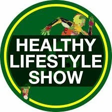 Logo for the Healthy Lifestyle Show with green background and illustrations of a person holding fruits and vegetables