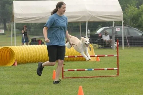 Sandie Gascon running with a dog jumping over a hurdle during an outdoor agility competition
