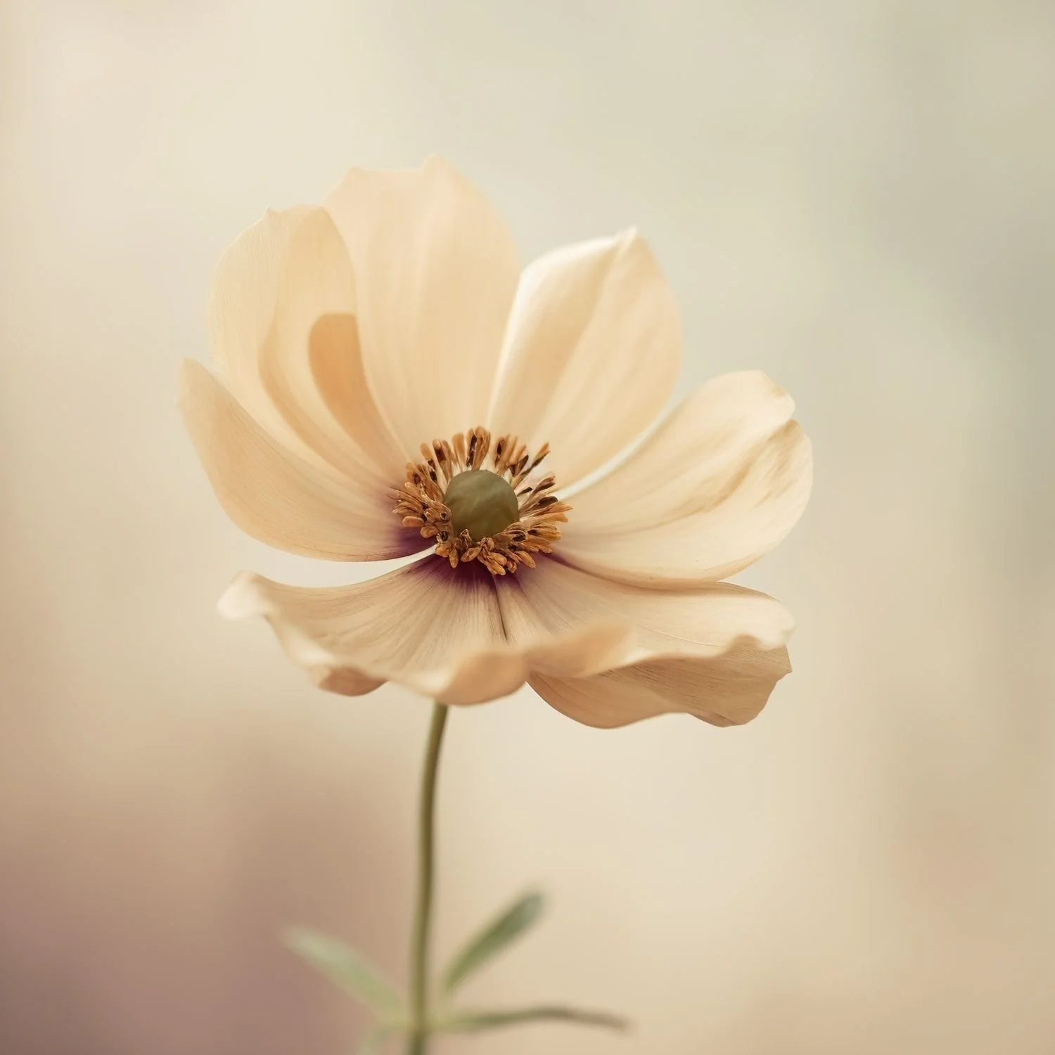 Close-up of a pale cream-colored anemone flower with a dark center and delicate, slightly ruffled petals.