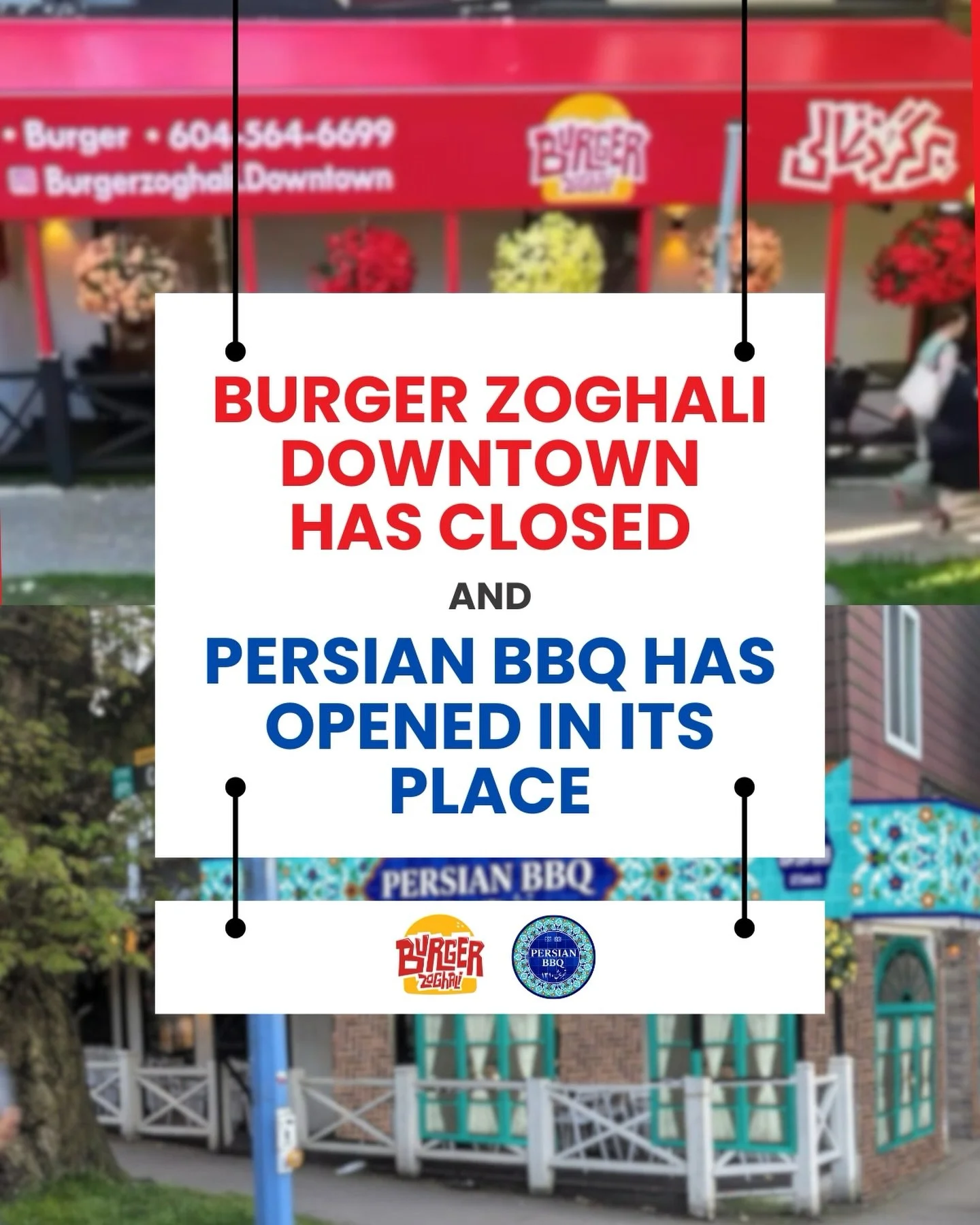 Hi Vancouver 🤍

Burger Zoghali Downtown is permanently closed.
Thank you for all the love and support. It was truly an honor to serve you and share great moments with you.

A new chapter begins here.
Please welcome Persian BBQ and support the new bu