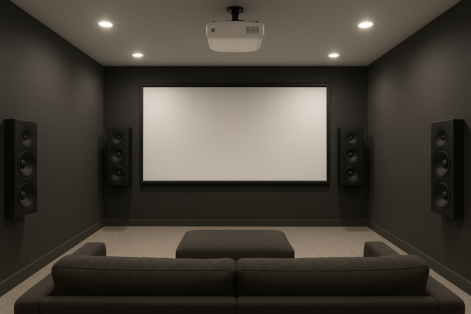 Home theater room with a large projection screen, black walls, four tall speakers, a beige carpet, a dark sectional sofa, a black ottoman, and ceiling lights.