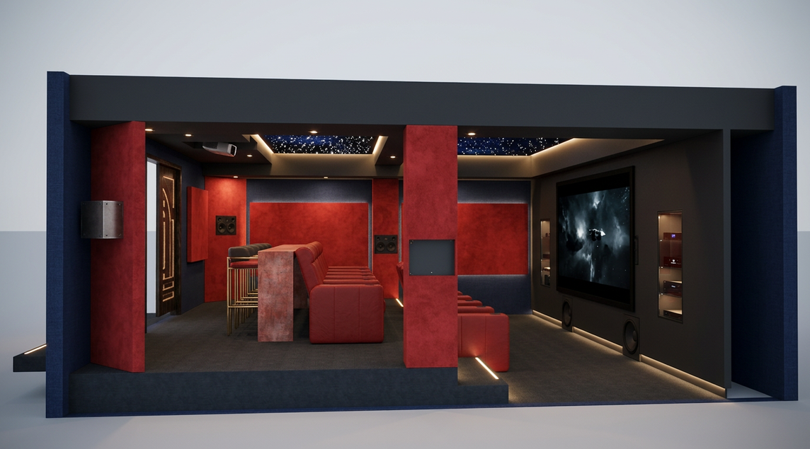 A cozy home theater room with leather recliner seats facing a large screen showing a sailboat at sunset on the water. The ceiling is decorated to resemble a starry night sky with blue LED lighting.