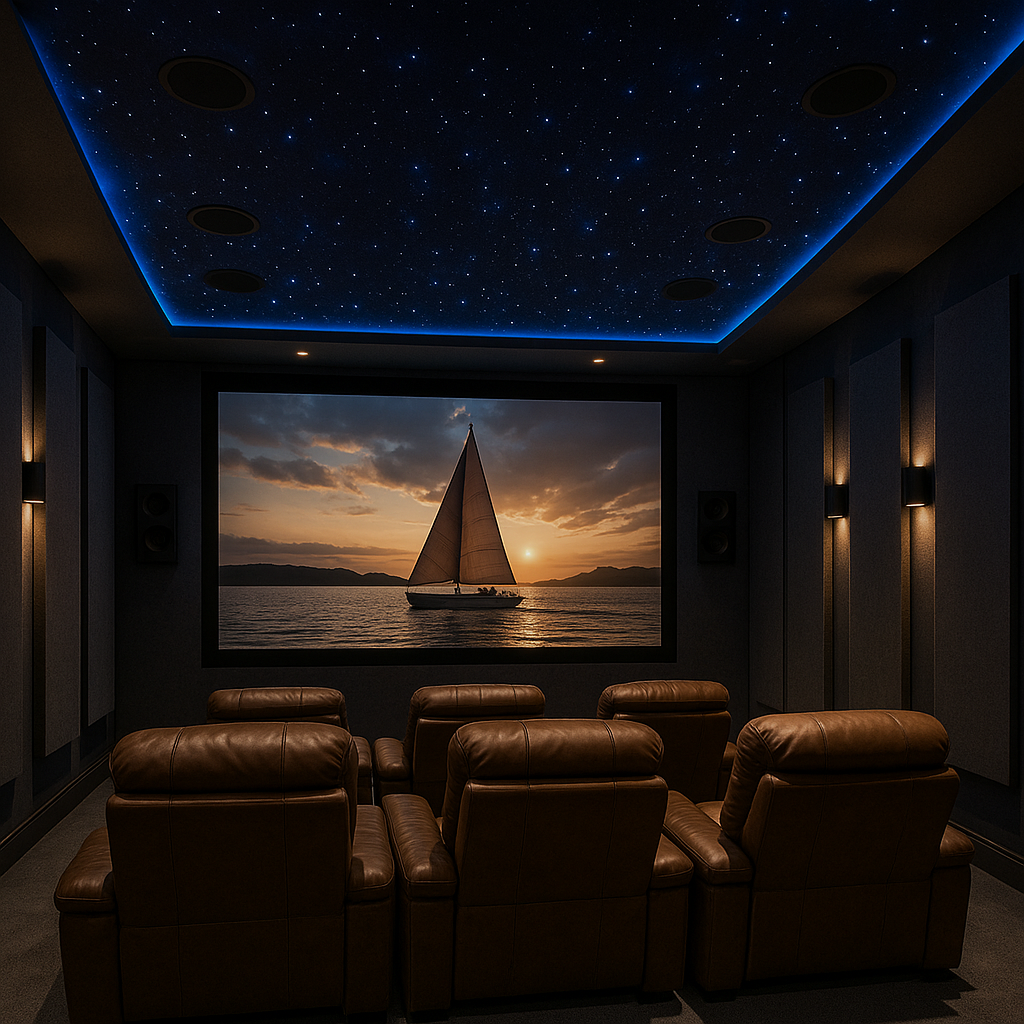 A cozy home theater room with leather recliner seats facing a large screen showing a sailboat at sunset on the water. The ceiling is decorated to resemble a starry night sky with blue LED lighting.