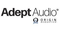 A black and gray logo for Adept Audio with a small stylized blue bird icon