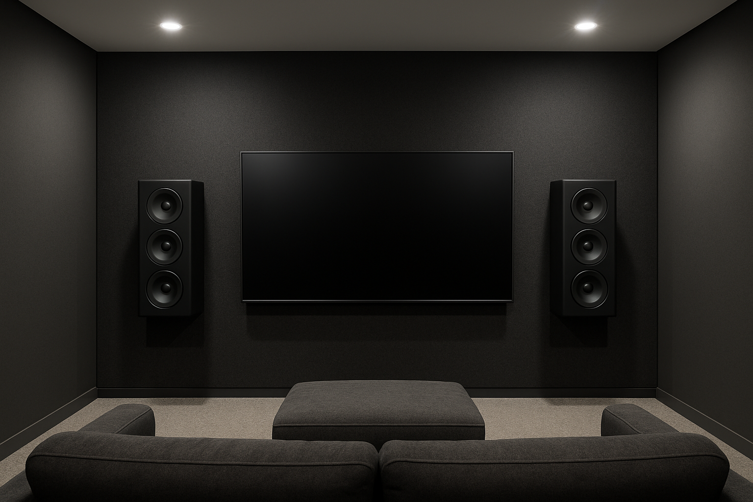 A dark home theater room with black walls, two tall black speakers on either side of a large flat-screen TV, a gray sectional sofa, and ceiling lighting.