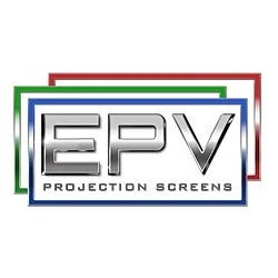 Logo of EPV Projection Screens with three overlapping frames in red, green, and blue behind the text.