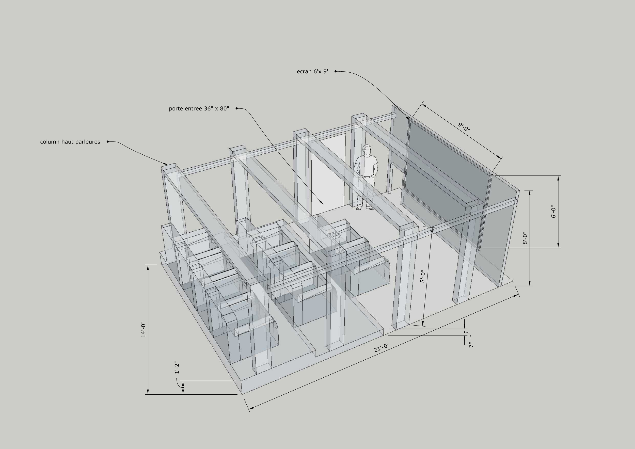 Blueprint of a structure with dimensions labeled, showing walls, doors, a person, and a large screen.