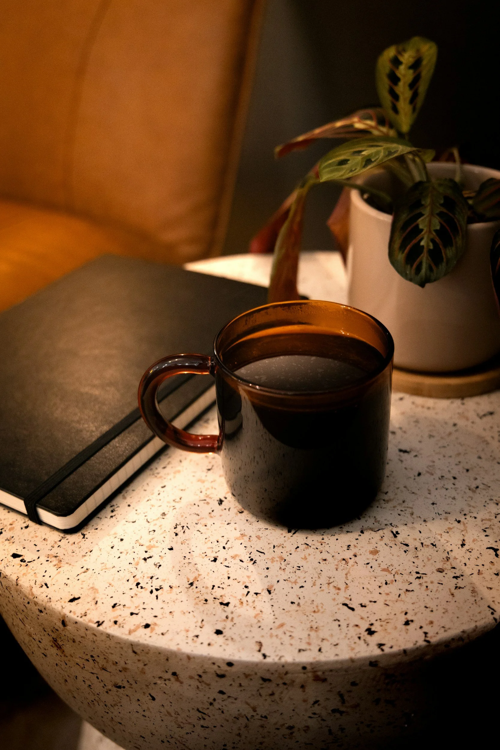 A black ceramic mug filled with coffee on a speckled white table next to a closed black notebook and a potted plant with green and purple leaves.