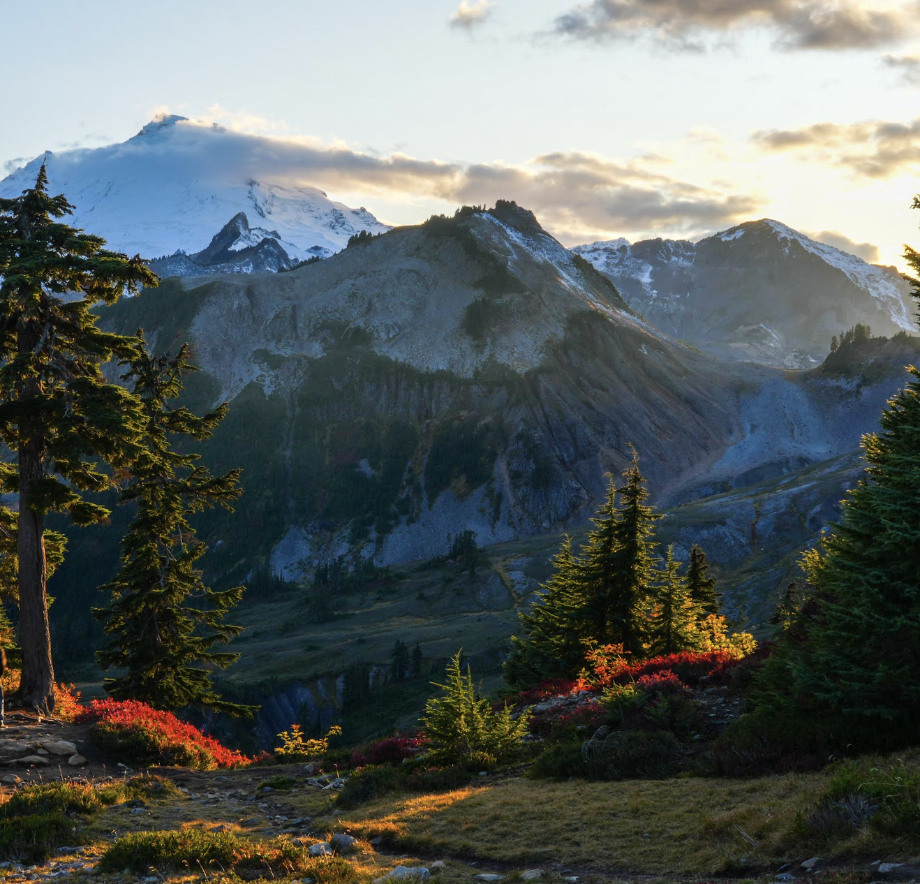 Scenic mountain landscape with snow-capped peaks, evergreen trees, and vibrant red and green foliage in the foreground, under a partly cloudy sky during sunset or sunrise.