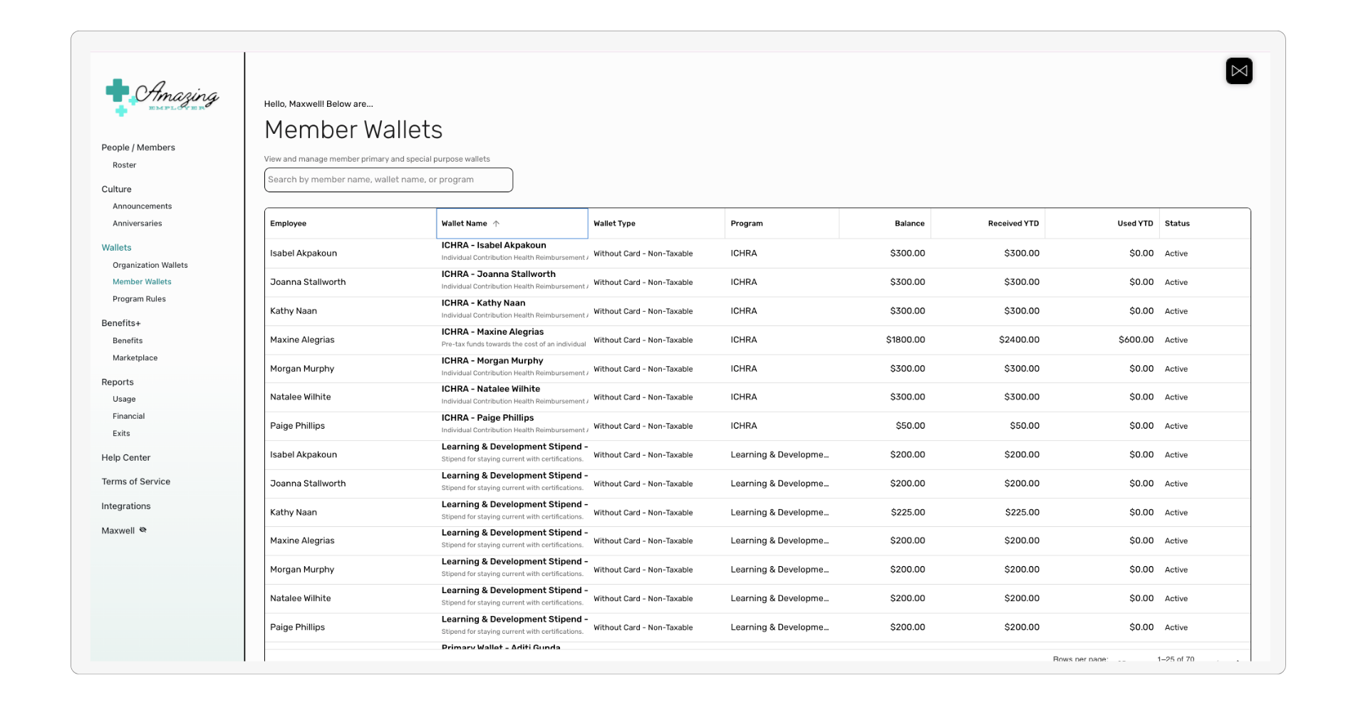 HR team manages wallets for their team on Maxwell's total rewards platform