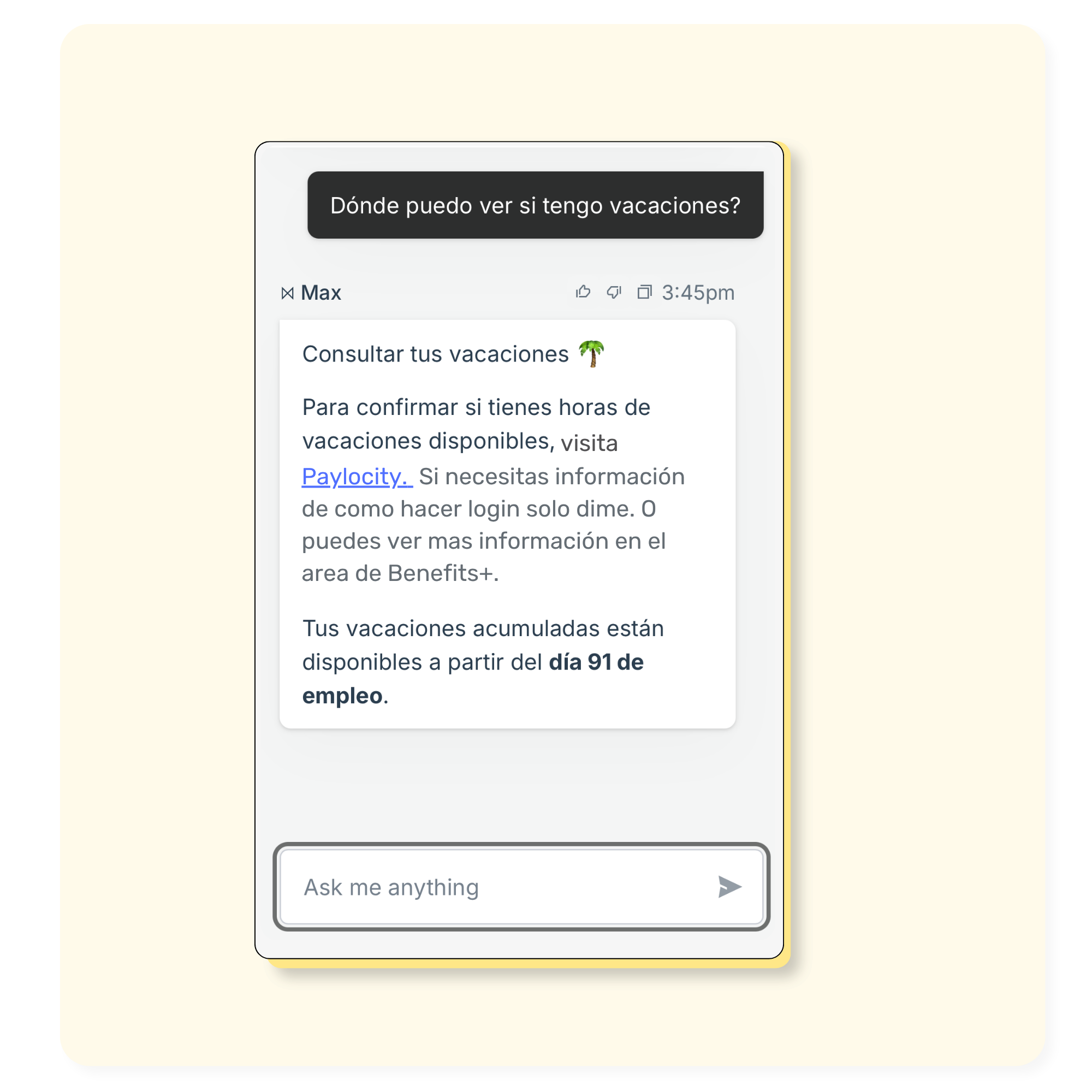 Max AI HR assistant answers in any language and 24/7.