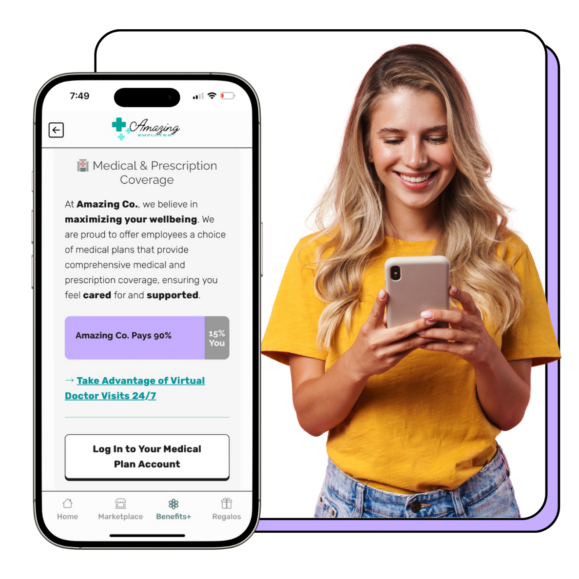 Woman reviews her medical plan in Maxwell's simple and friendly interface
