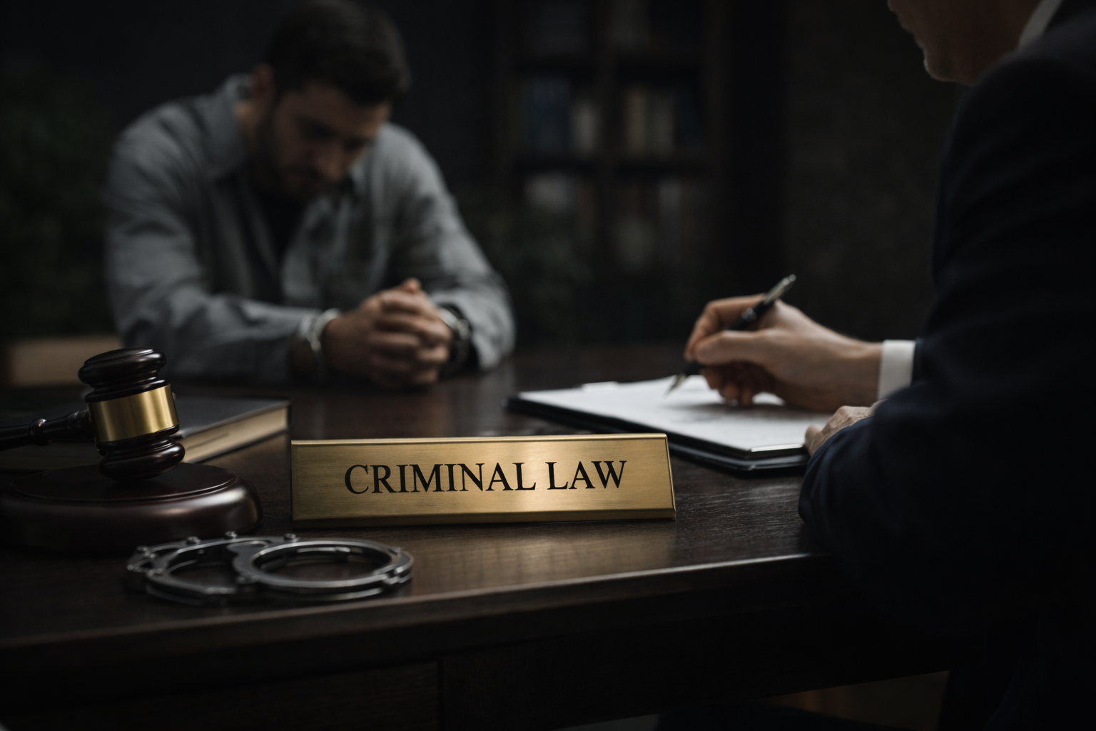 A courtroom scene with a gavel, handcuffs, and a research table, displaying a sign labeled 'CRIMINAL LAW' in the foreground, with a man and a lawyer present.