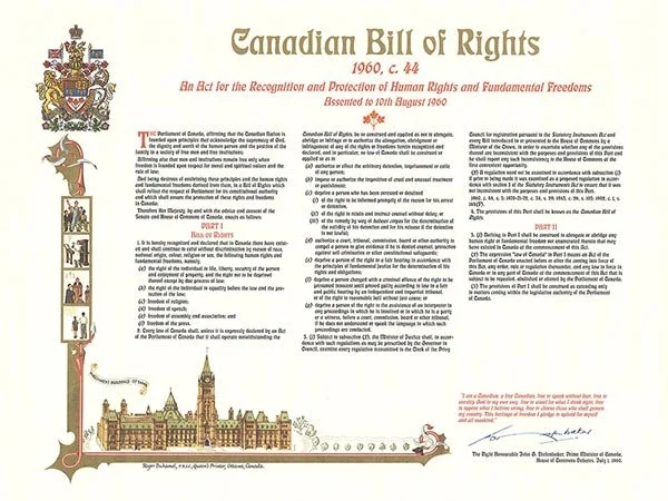 Canadian Bill of Rights document with coat of arms and Parliament building illustration, symbolizing legal rights protected by Melid Hasaj, Barrister & Solicitor.