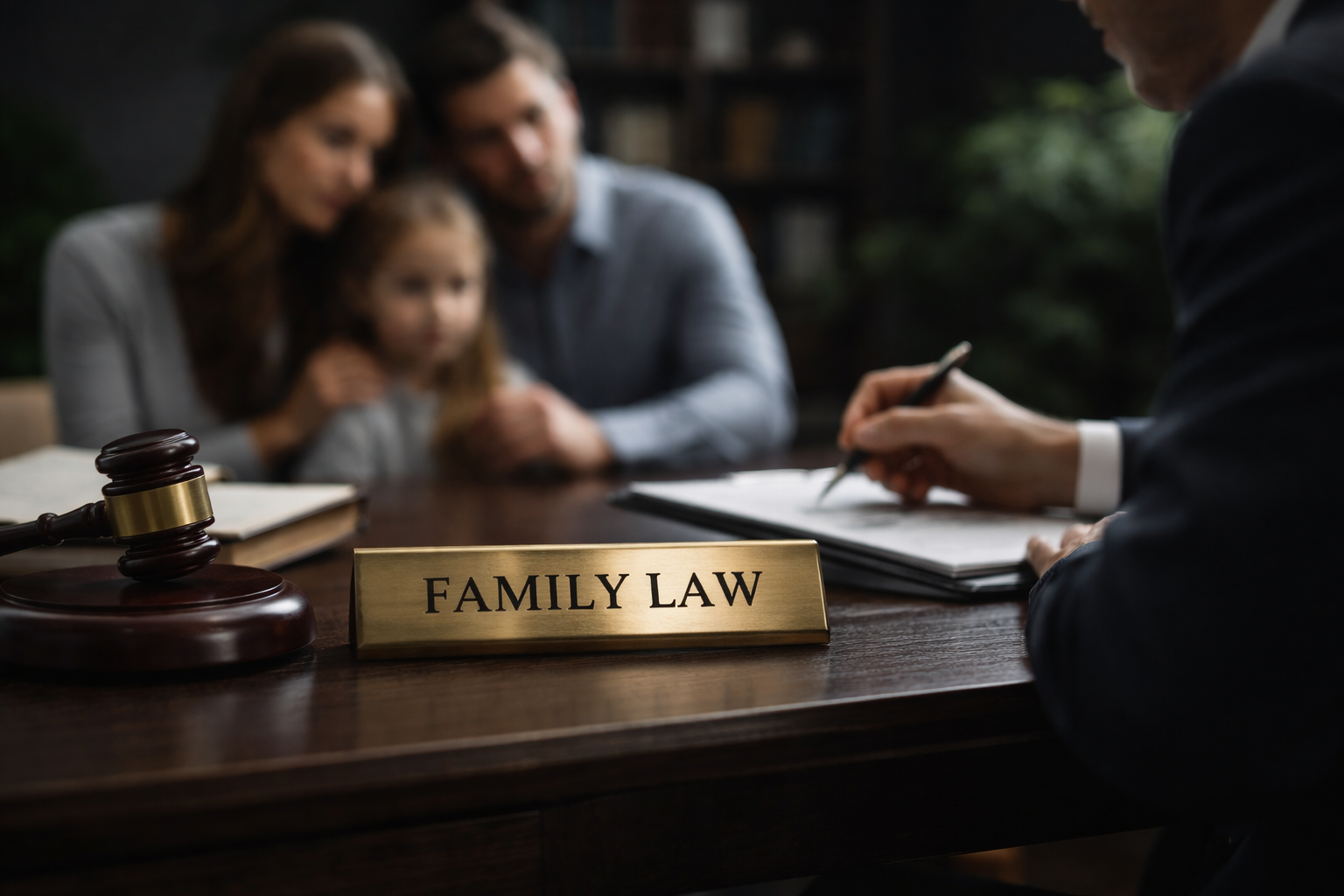 A family meeting with a lawyer at a desk, a gavel, and a sign that reads 'Family Law' in the foreground.
