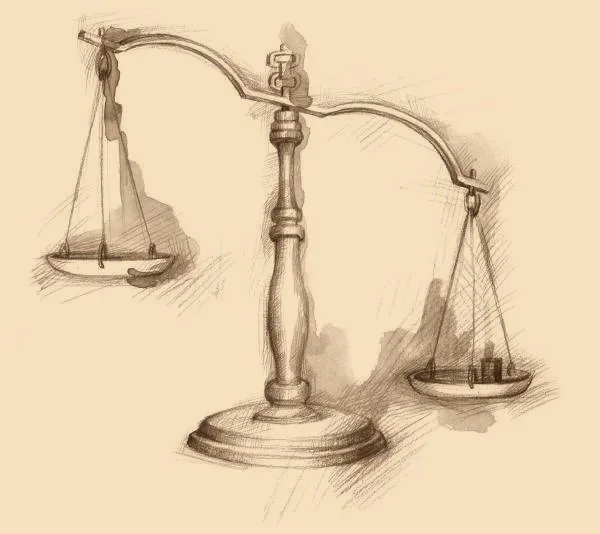 Creative balance scale illustration featuring a large, detailed boat on one side and a smaller, simpler boat on the other — representing justice, legal balance, and the professional services of Melid Hasaj Legal Firm.