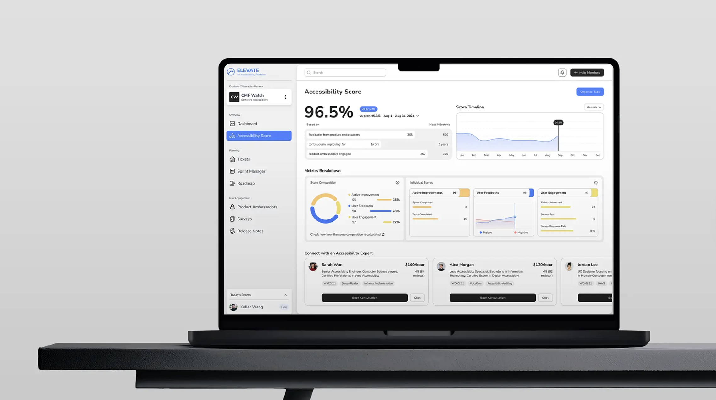 Elevate accessibility platform dashboard showing a 96.5 percent accessibility score, score timeline, metrics breakdown, and product-owner navigation.