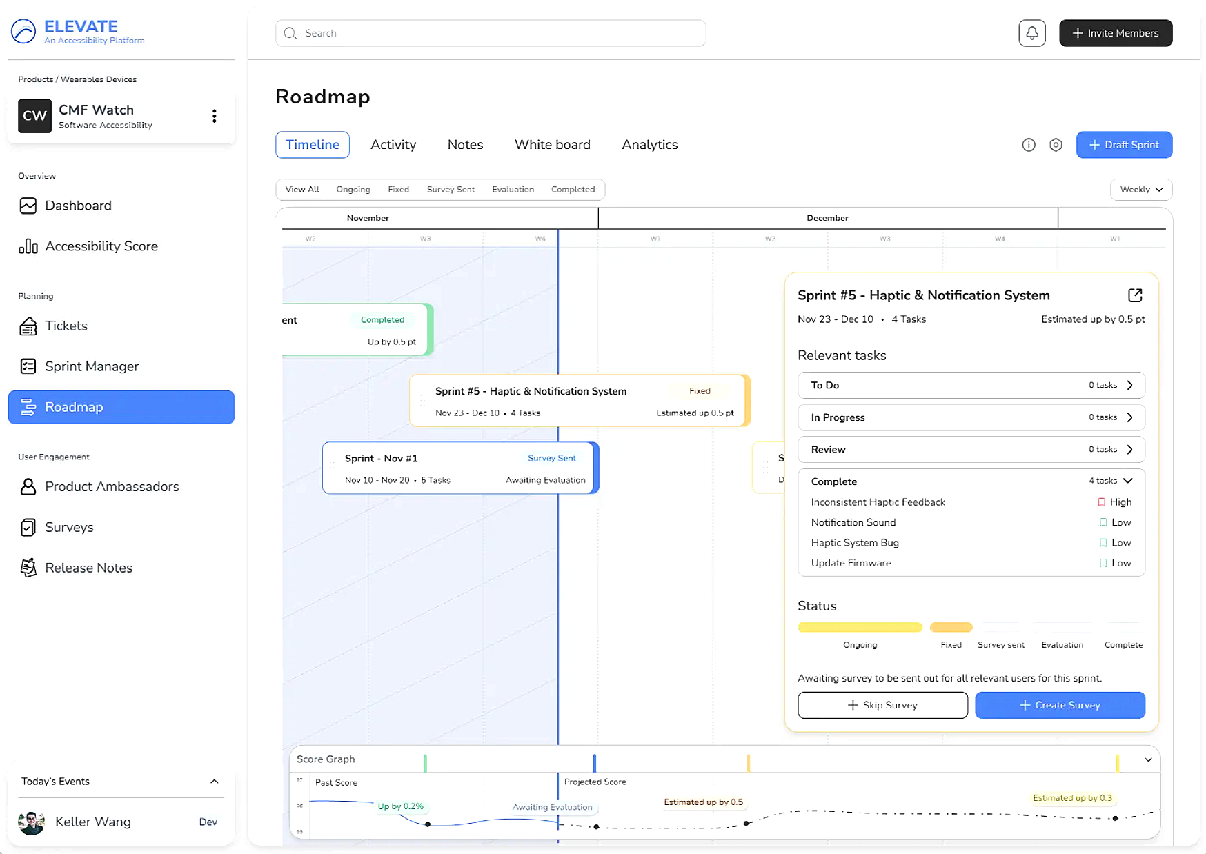 Elevate roadmap interface connecting accessibility goals to visible product progress