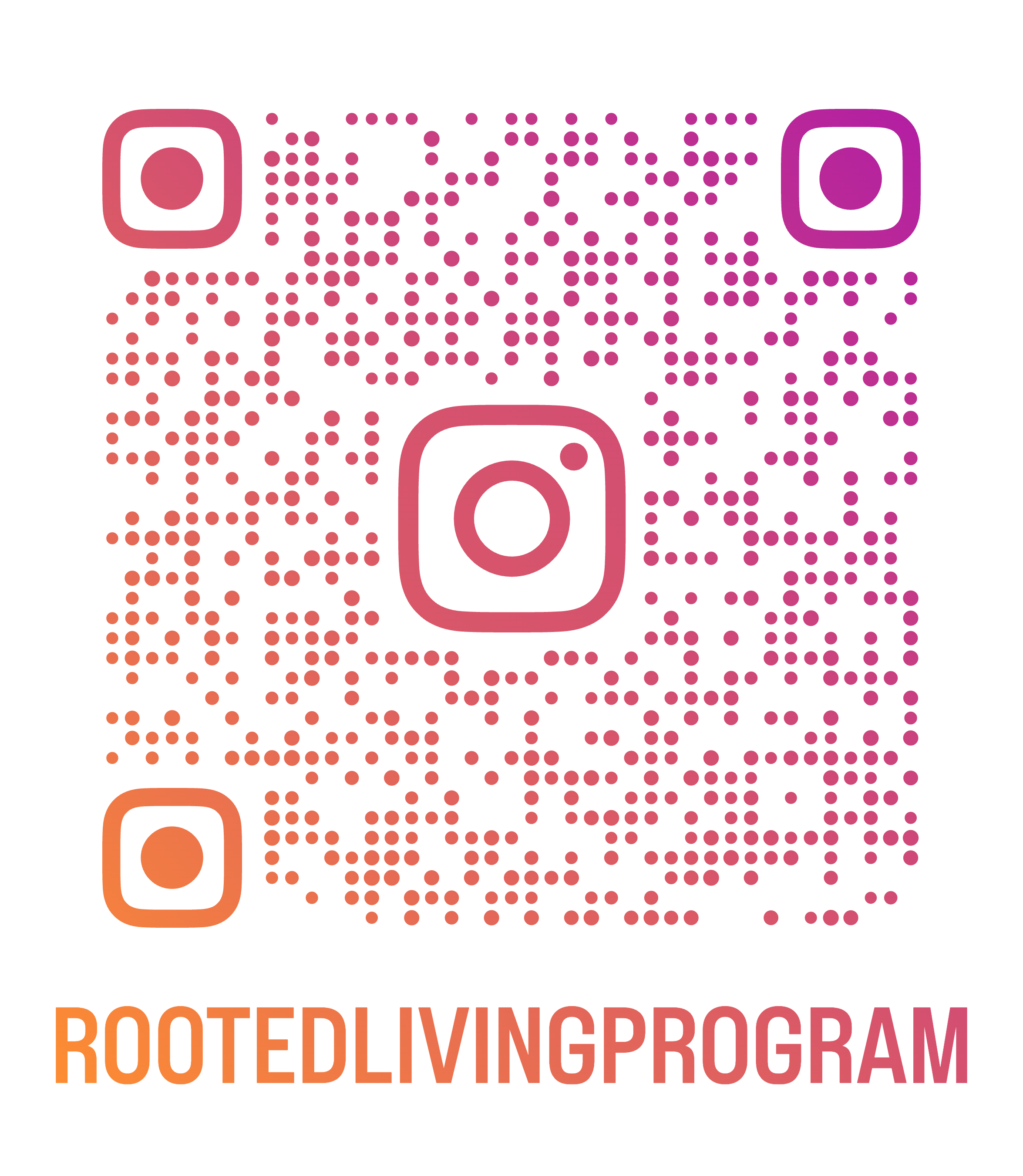 QR code with the text 'ROOTEDLIVINGPROGRAM' below it.