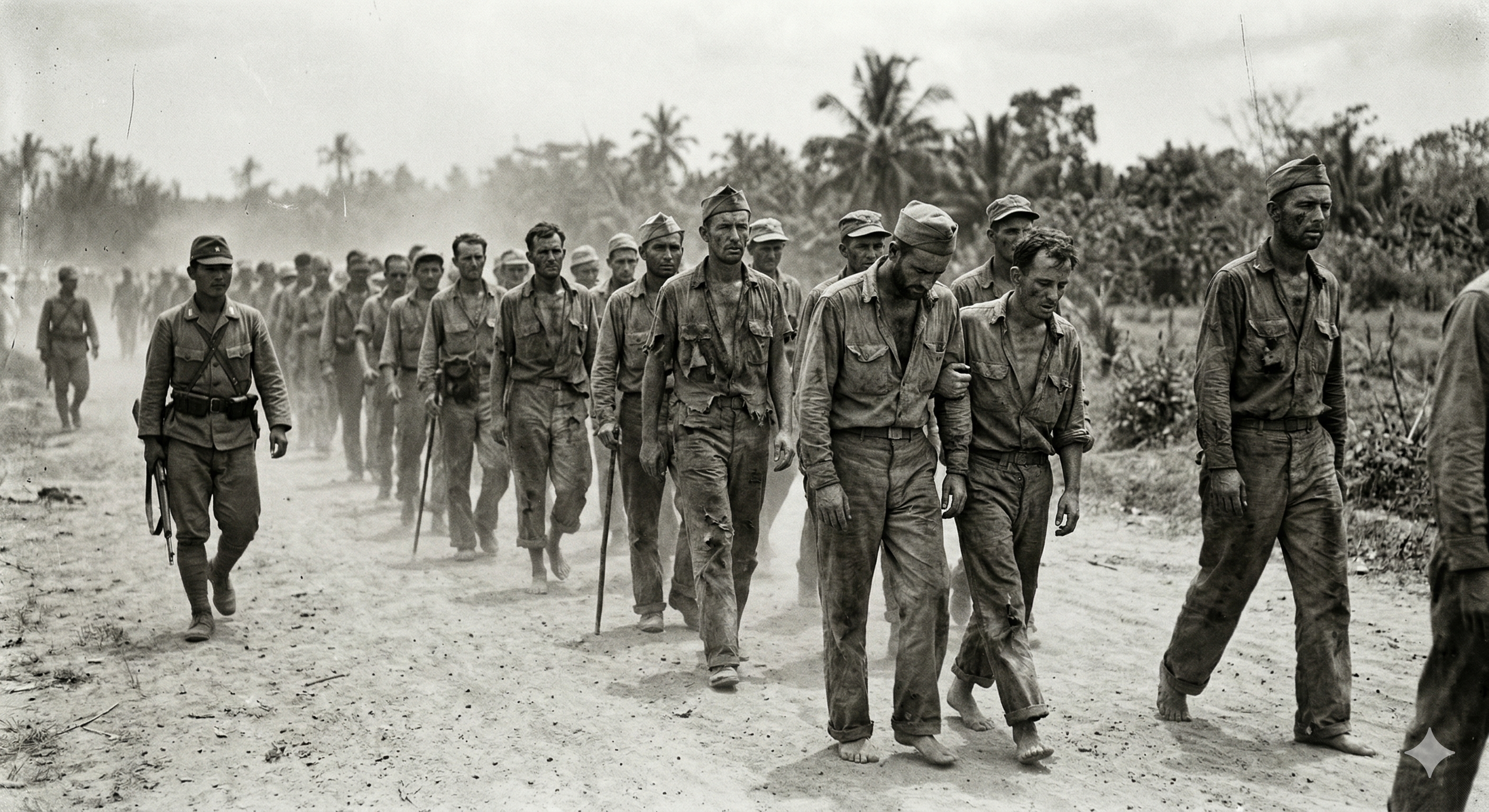 Black and white photo of soldiers walking barefoot along a dirt path through a tropical setting with palm trees.